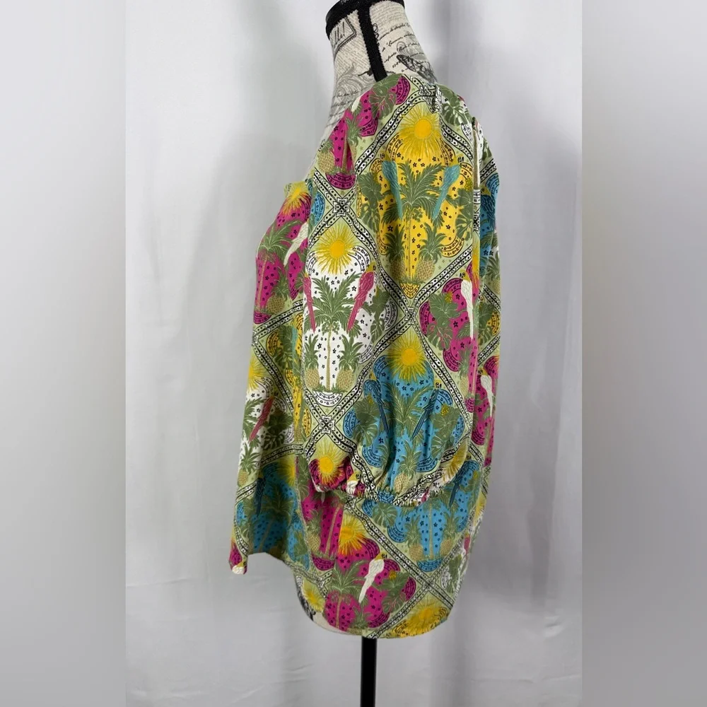 LOFT Tropical Floral Print Blouse Women’s M Boho Puff Sleeve Cotton Blend Top